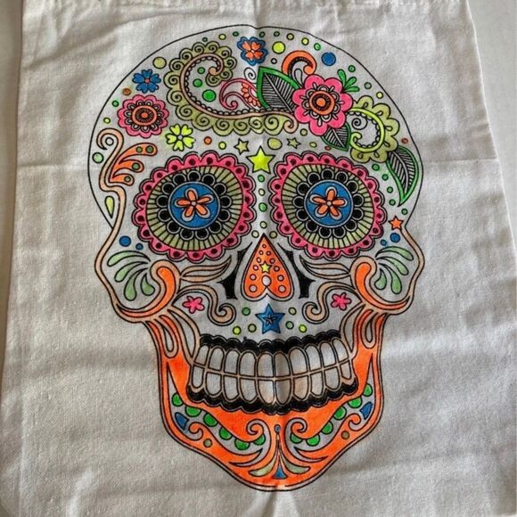 Hand-Painted Skull Canvas Tote Bag Neon Glow in the Dark 13.5 x 13 x 2.5 inches - Picture 8 of 14
